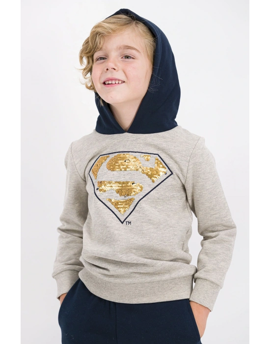 Erkek Çocuk Bej Payetli Kapüşonlu Eşofman Takımı