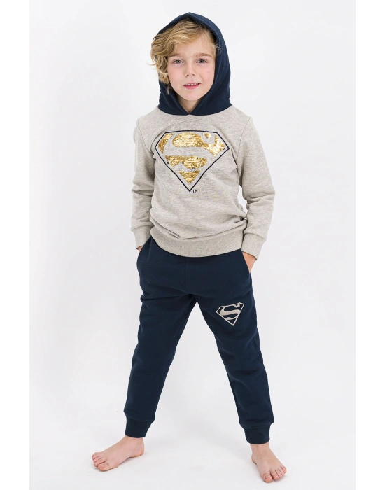 Erkek Çocuk Bej Payetli Kapüşonlu Eşofman Takımı