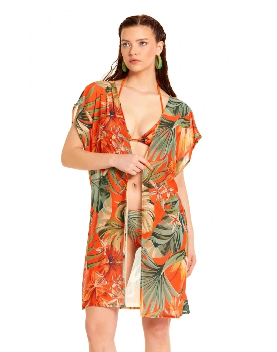 Yaprak Desen Önü Açık Kısa Pareo