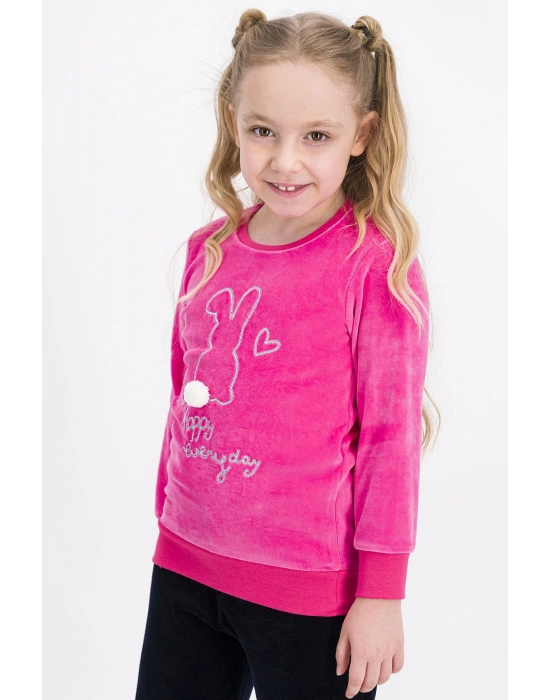 Rolypoly Happy Everyday Şeker Pembe Kız Çocuk Kadife Eşofman Takımı