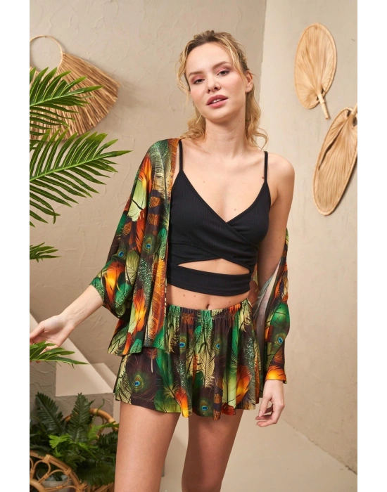 25193 Kadın Büstiyerli Desenli Üçlü Şort Takım