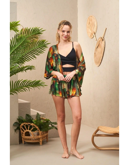 25193 Kadın Büstiyerli Desenli Üçlü Şort Takım