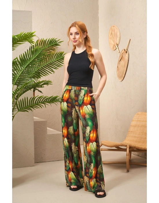 25194 Kadın Askılı Desenli Bol Paça Pantolon Takım