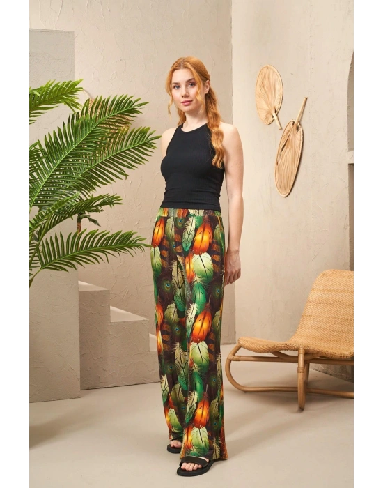 25194 Kadın Askılı Desenli Bol Paça Pantolon Takım