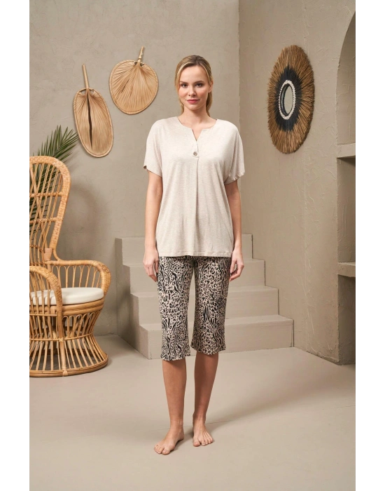 25112 Kadın Leopar Desenli Kısa Kollu Kapri Takım
