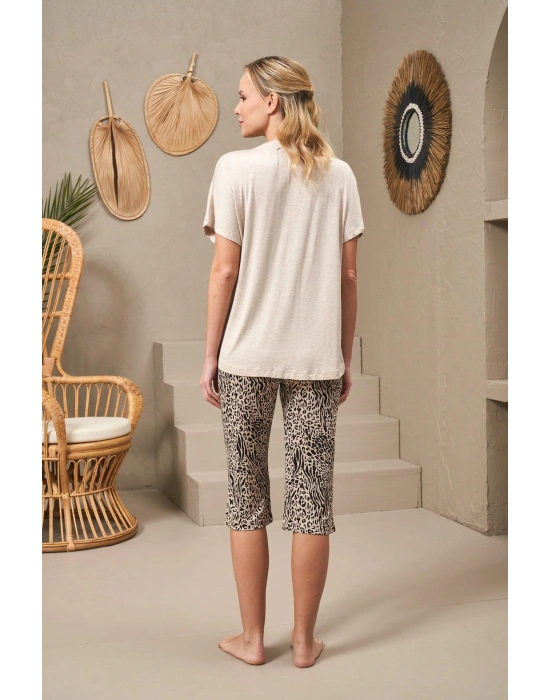 25112 Kadın Leopar Desenli Kısa Kollu Kapri Takım