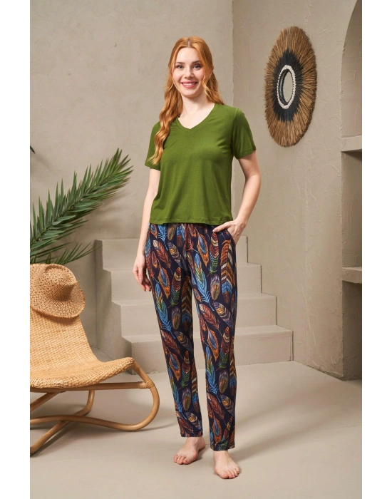 25129 Kadın V Yaka Kısa Kollu Desenli Pantolon Takım