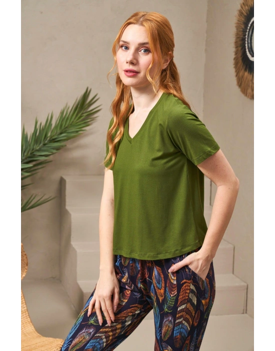 25129 Kadın V Yaka Kısa Kollu Desenli Pantolon Takım