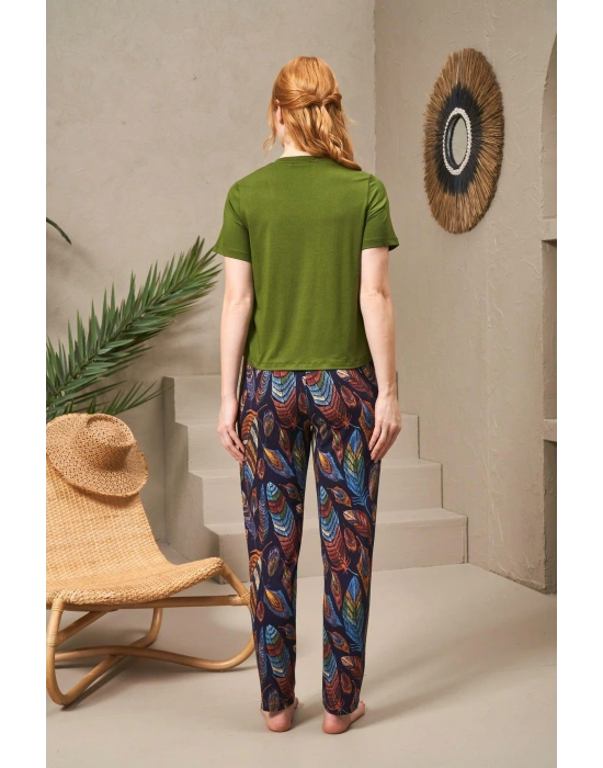 25129 Kadın V Yaka Kısa Kollu Desenli Pantolon Takım