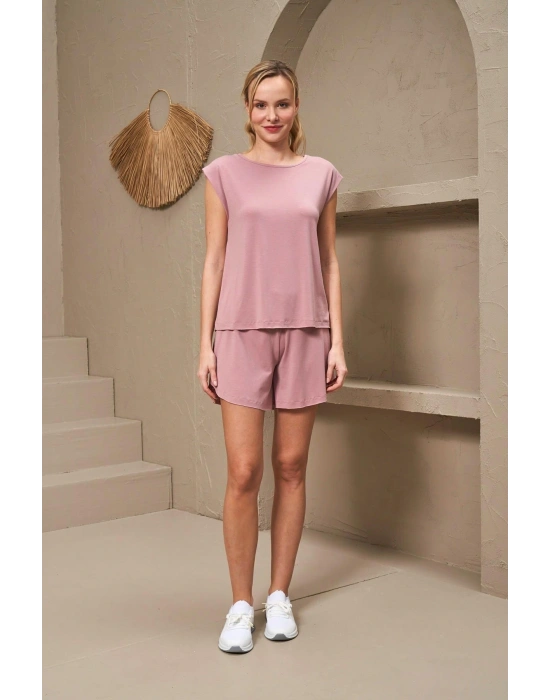 25170 Kadın Yuvarlak Yaka Düşük Kol Şort Takım
