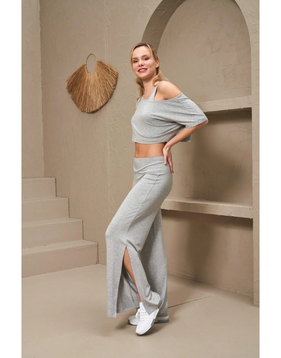 25172 Kadın Kayık Yaka Yırtmaçlı Bol Paça Büstiyerli Üçlü Takım