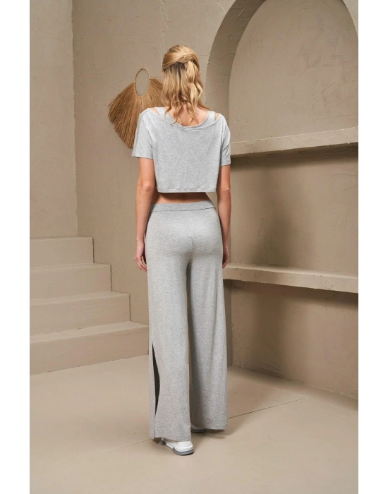 25172 Kadın Kayık Yaka Yırtmaçlı Bol Paça Büstiyerli Üçlü Takım