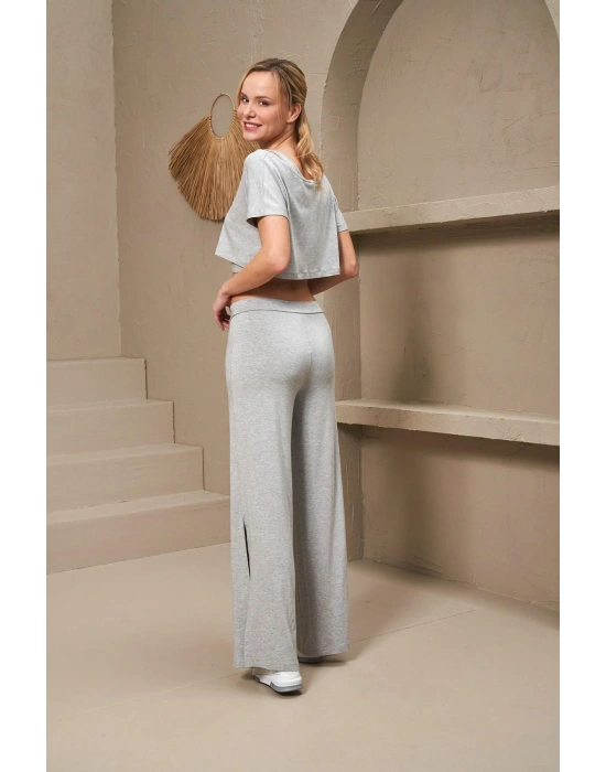 25172 Kadın Kayık Yaka Yırtmaçlı Bol Paça Büstiyerli Üçlü Takım