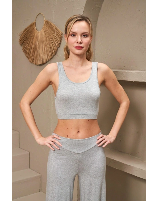 25172 Kadın Kayık Yaka Yırtmaçlı Bol Paça Büstiyerli Üçlü Takım