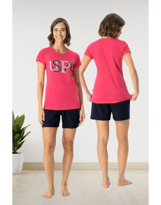 Kadın  Baskılı Fuşya T-Shirt & Kısa Şort Yaz sezonu Pijama Takımı