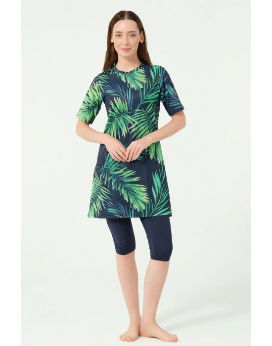 Üstü Desenli Yarı Kapalı Tesettür Mayo