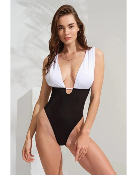 Yeni Sezon Derin Dekolteli Toparlayıcı İncelten Etkili Siyah Beyaz Mayo