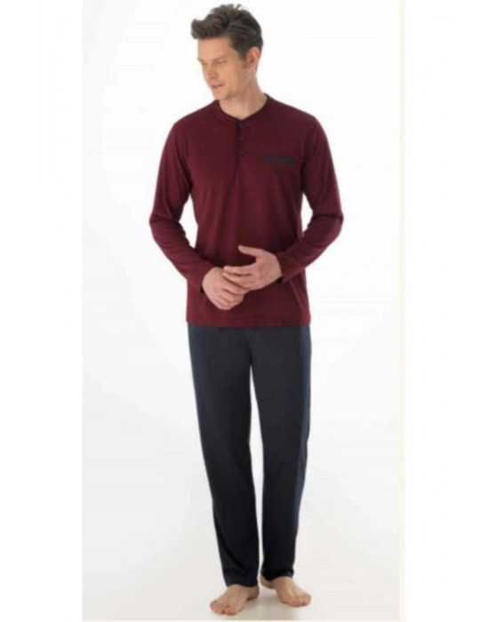 %100 Pamuk Pijama Takımı O Patlı Uzun Kol Erkek Hediyelik Damat Kutulu Bordo