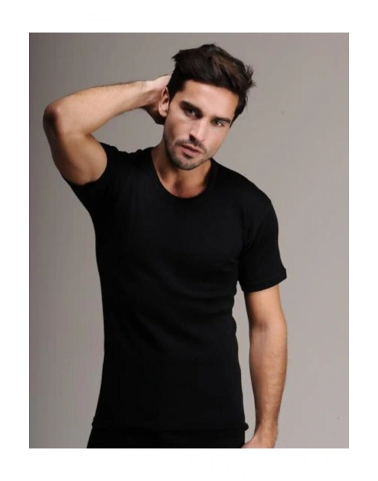 Erkek Kısa Kollu Sıfır Yaka Siyah Saf Yün Üst % 75 Yün % 25 Akrılık