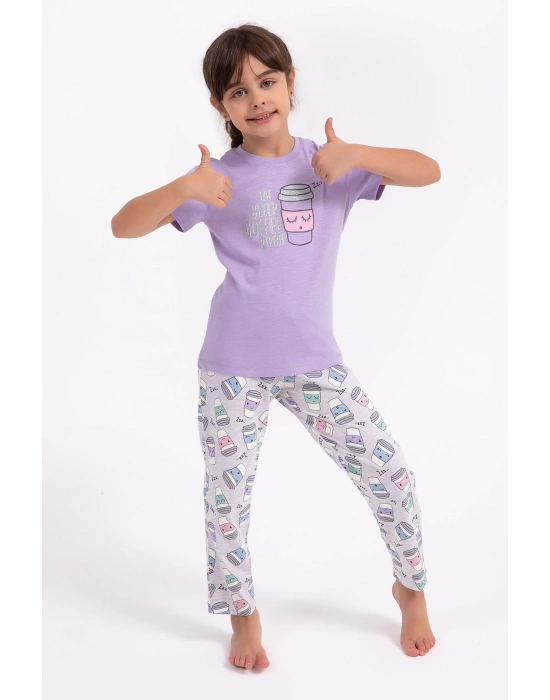 Eat Sleep Coffee Repeat Lila Kız Çocuk Pijama Takımı