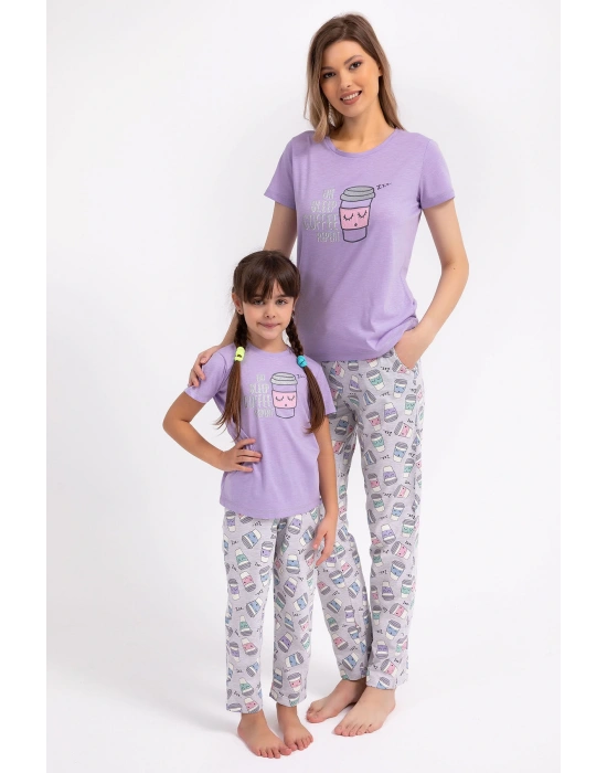 Eat Sleep Coffee Repeat Lila Kız Çocuk Pijama Takımı