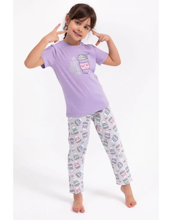 Eat Sleep Coffee Repeat Lila Kız Çocuk Pijama Takımı