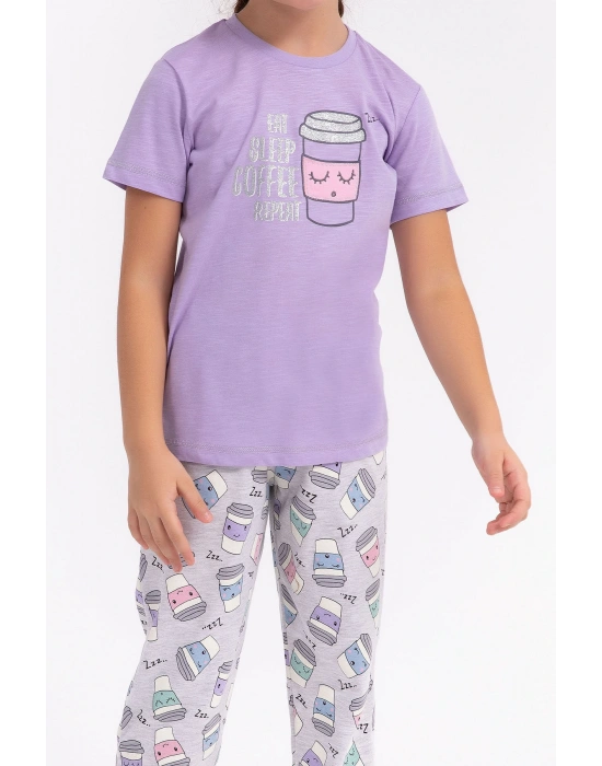 Eat Sleep Coffee Repeat Lila Kız Çocuk Pijama Takımı