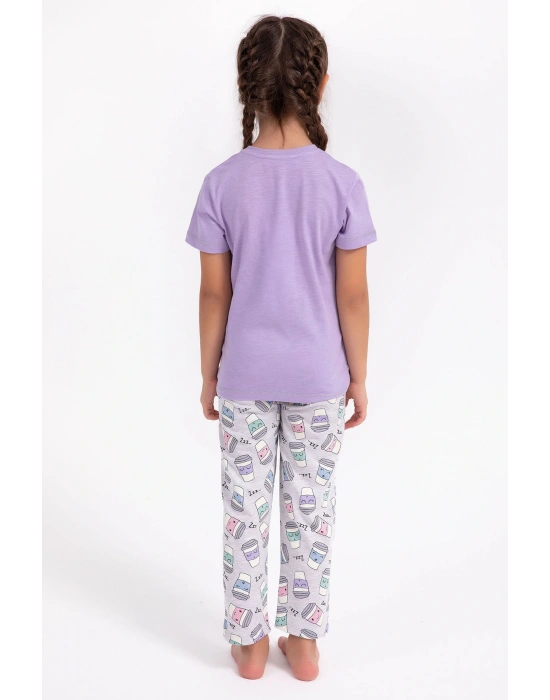 Eat Sleep Coffee Repeat Lila Kız Çocuk Pijama Takımı