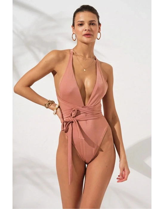 Derin Sırt Dekolteli Belden Çapraz Bağlamalı High Leg Mayokini Çift Astarlı Pedli DLX-231604