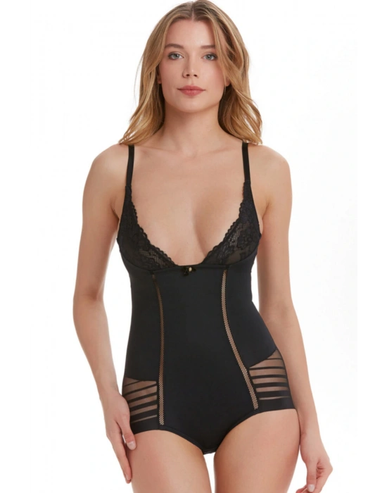 Göğsü Dantelli Vücut Korse / Tüm Gün Giyilebilir / Siyah
