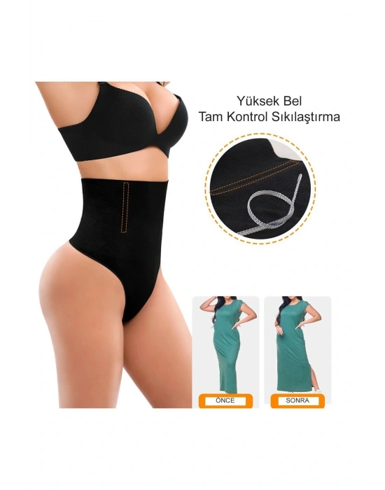 Yüksek Bel Karın Toparlayıcı Slip String Kadın Toparlayıcı Tanga Korse Siyah