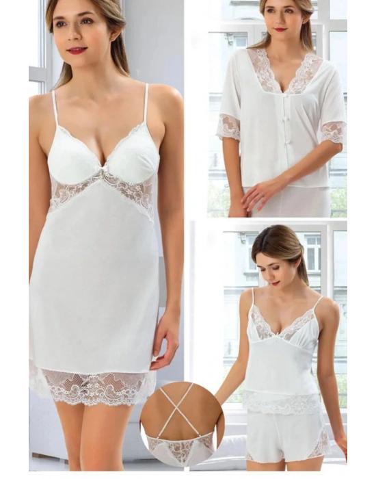 Çeyizlik Dantelli Saten 6lı Set -ekru