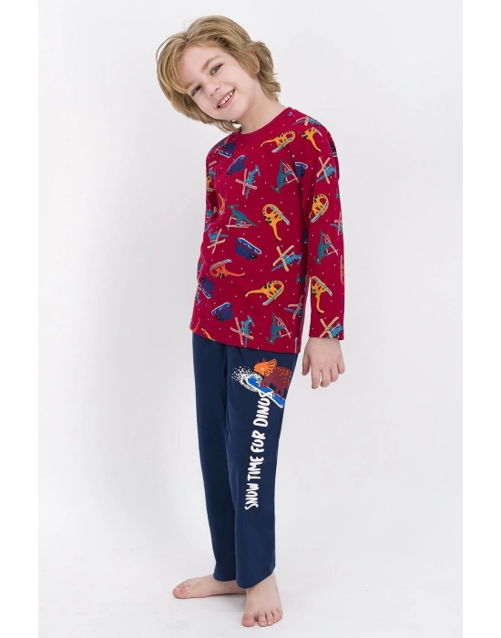 Erkek Çocuk Bordo Açık Winter Snow Dinos Pijama Takımı-1877