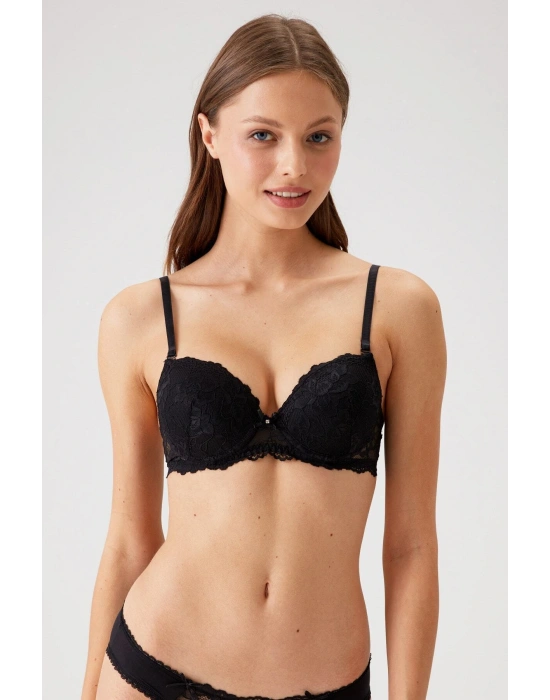 Kadın Siyah 6200 Madrid Balenli Desteksiz Dantelli Sütyen (TAK - ÇIKAR ASKILI)