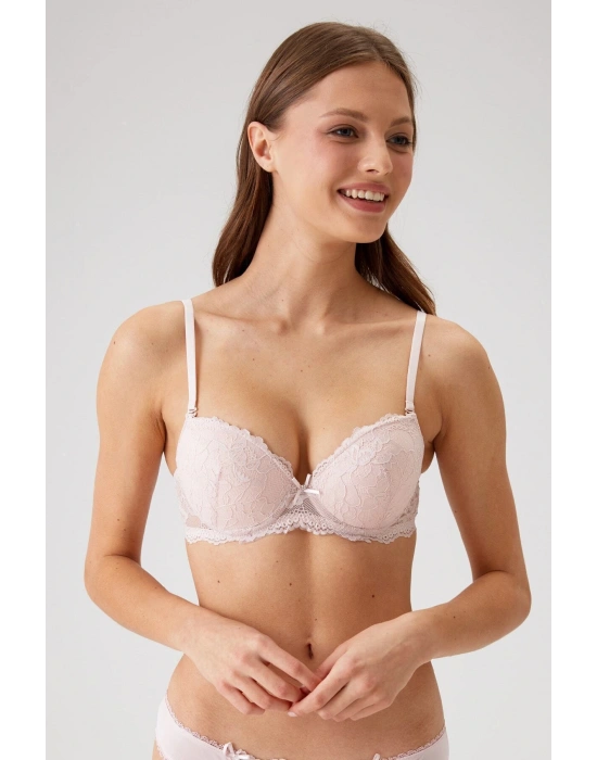Kadın Pudra 6201 Milan Balenli Destekli Dantelli Sütyen (TAK - ÇIKAR ASKILI)
