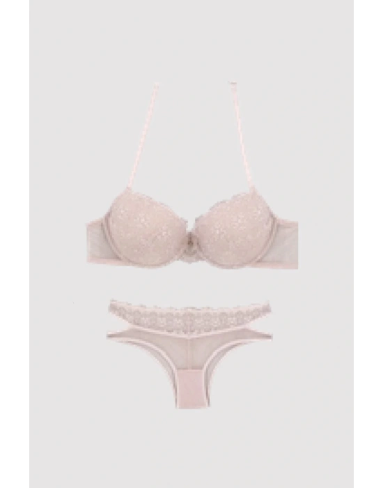 Kadın Pudra 4681 Balenli Destekli Sırt Detaylı Sütyen Takım