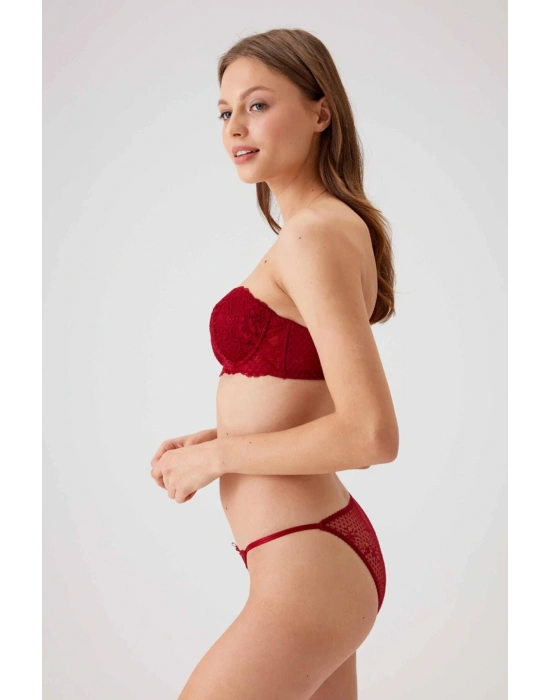 Kadın Bordo 4032 Balenli Destekli Straplez Sütyen Takım