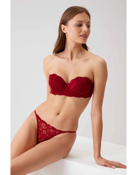 Kadın Bordo 4032 Balenli Destekli Straplez Sütyen Takım