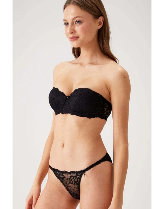 Siyah 4563 Pisa Destekli / Push - Up Straplez Dantelli Sütyen Takımı