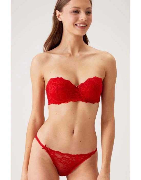 Kırmızı 4563 Pisa Destekli / Push - Up Straplez Dantelli Sütyen Takımı