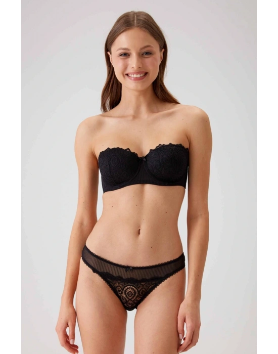 Kadın Siyah 4741 Balenli Soft Push Up Straplez Sütyen Takım