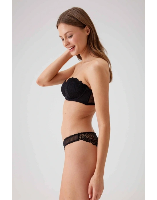 Kadın Siyah 4741 Balenli Soft Push Up Straplez Sütyen Takım