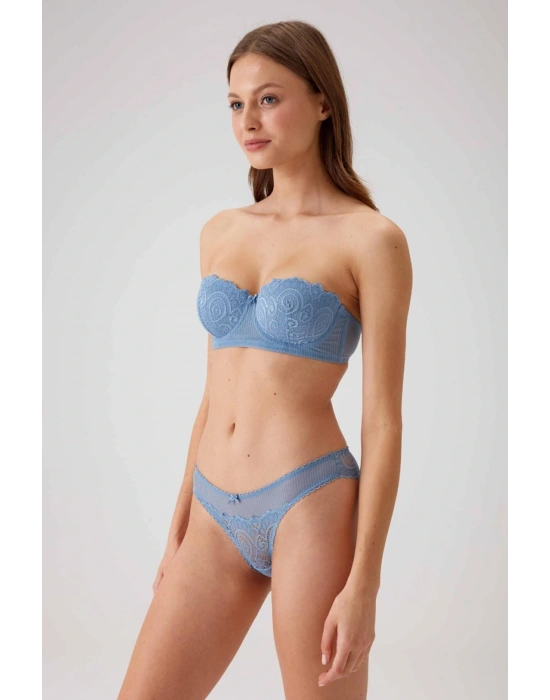 Kadın Mavi 4741 Balenli Soft Push Up Straplez Sütyen Takım