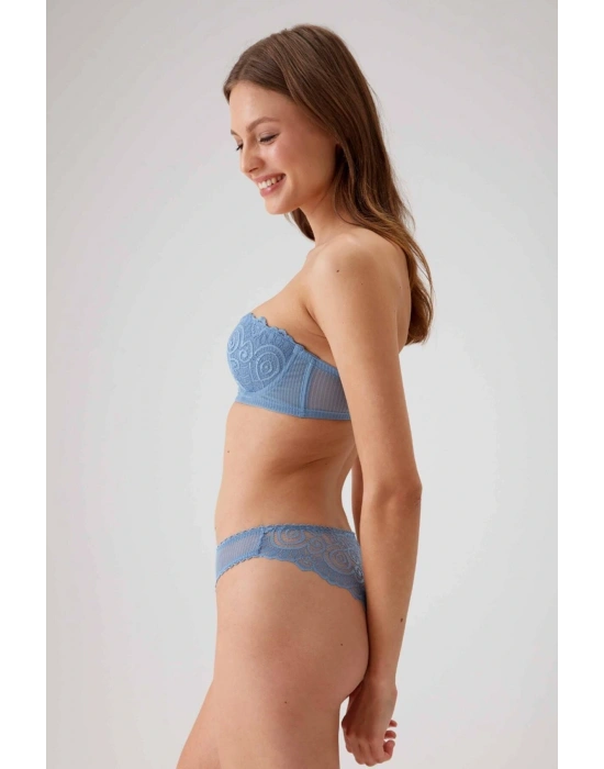 Kadın Mavi 4741 Balenli Soft Push Up Straplez Sütyen Takım