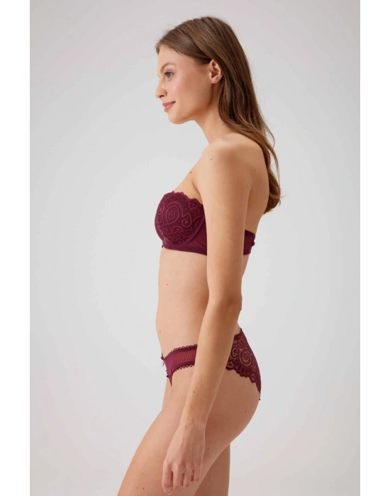 Kadın Mürdüm 4741 Balenli Soft Push Up Straplez Sütyen Takım