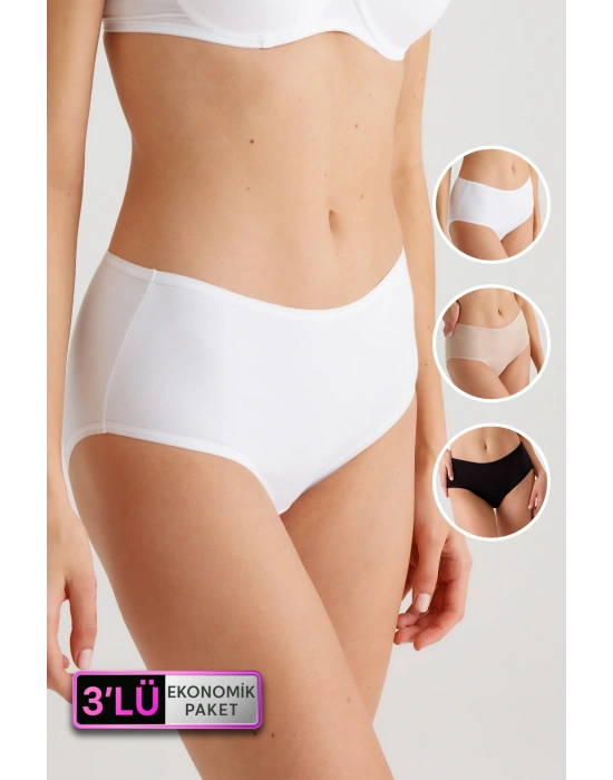 Kadın 3lü Ekonomik Paket Siyah-beyaz-ten 2033 Maxi Cut Pamuklu Basic Külot