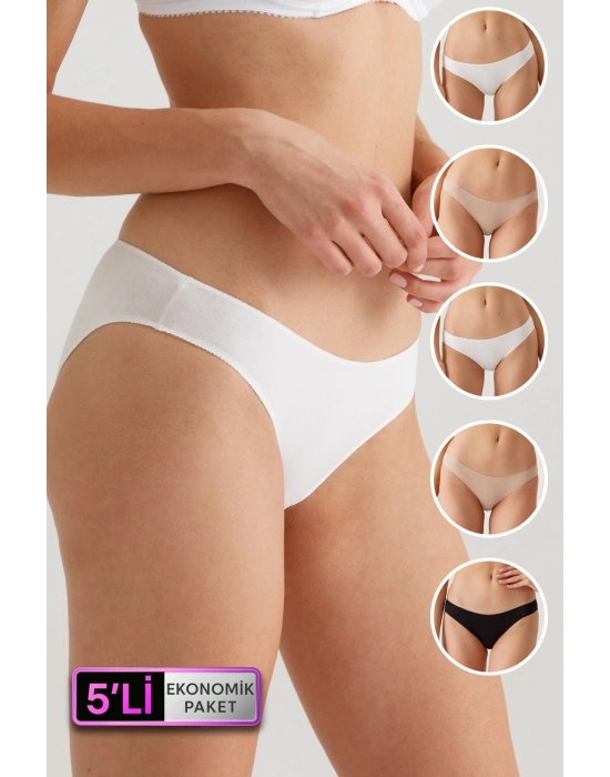 Kadın 5li Ekonomik Paket Beyaz 2050 No Show Pamuklu Basic Bikini Slip