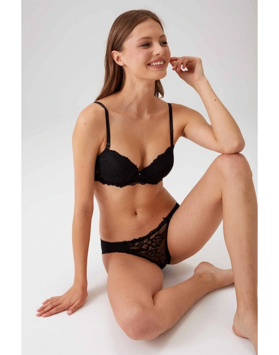 Kadın Siyah 4561 Milan Push Up Dolgulu Dantelli Çeyiz Sütyen Ve Külot Iç Çamaşır Takımı