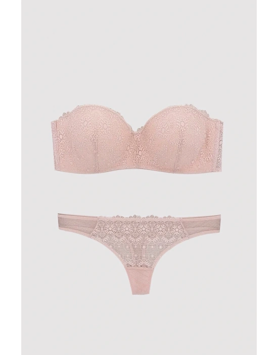 Kadın Pudra 4682 Balenli Desteksiz Straplez Sütyen Takım