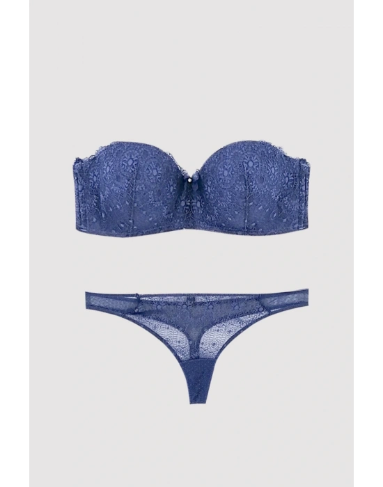 Kadın Lacivert 4682 Balenli Desteksiz Straplez Sütyen Takım